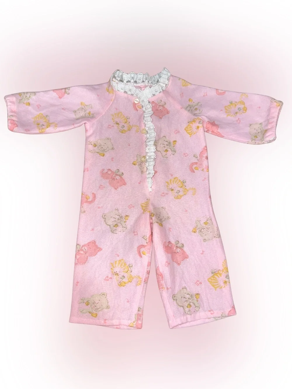 Vintage 60’s Soft Baby Doll Romper Jumpsuit Lace Trim Kitty Cat Print
